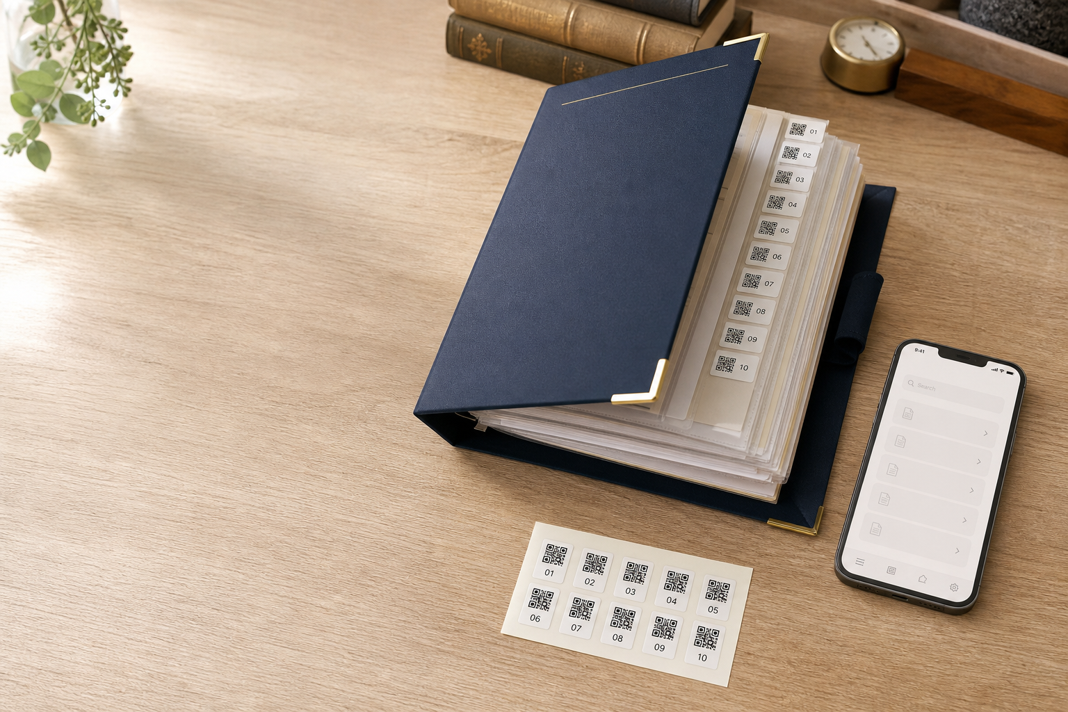 A binder, sticker sheet, and phone arranged on a desk